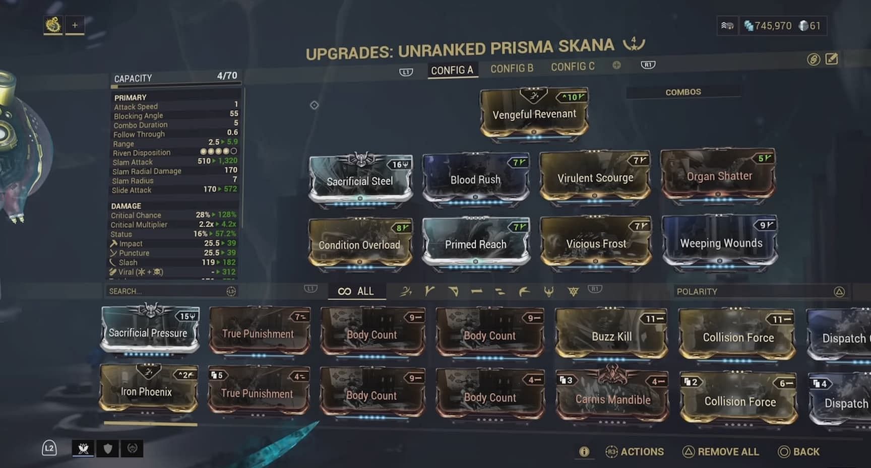 Sample Warframe Prisma Skana Incarnon build with both status and critical scaling (Image via Digital Extremes)