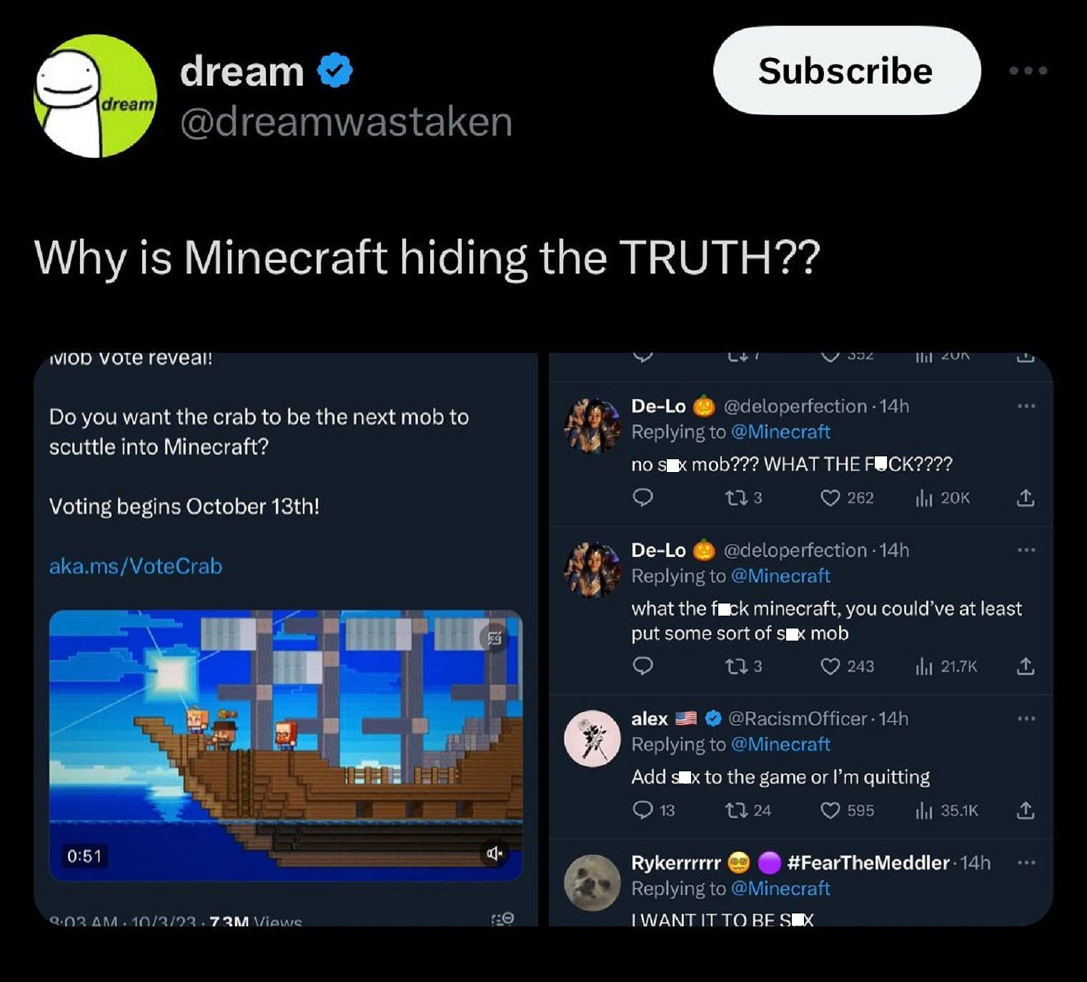 Dream trolls Minecraft after social media team hides comments from the community (Image via X/Twitter)