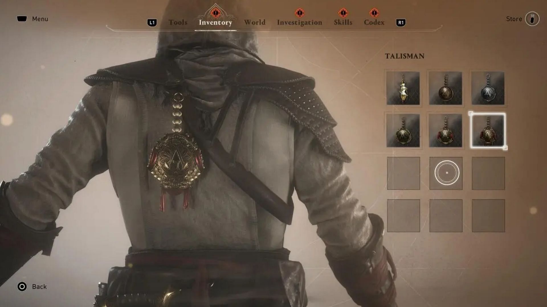 In Assassin&#039;s Creed Mirage, you can use a talisman as a cosmetic improvement (Image via Ubisoft)