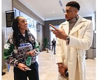Giannis Antetokounmpo shows off his $6,100 Breitling watch while congratulating WNBA Finals MVP A'Ja Wilson