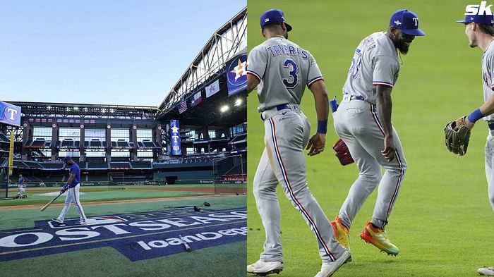 Creed band members at ALCS Game 3 in Texas Rangers gear