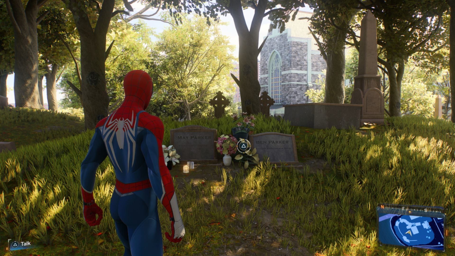 Interact with Aunt May&#039;s gravestone. (Image via Insomniac Games)