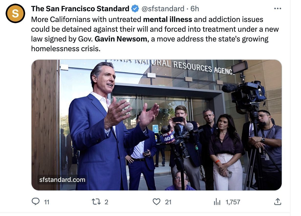 Social media users reacted as the California Gov. Gavin Newsom signed a bill that would force people with untreated mental issues into treatment. (Image via Twitter)