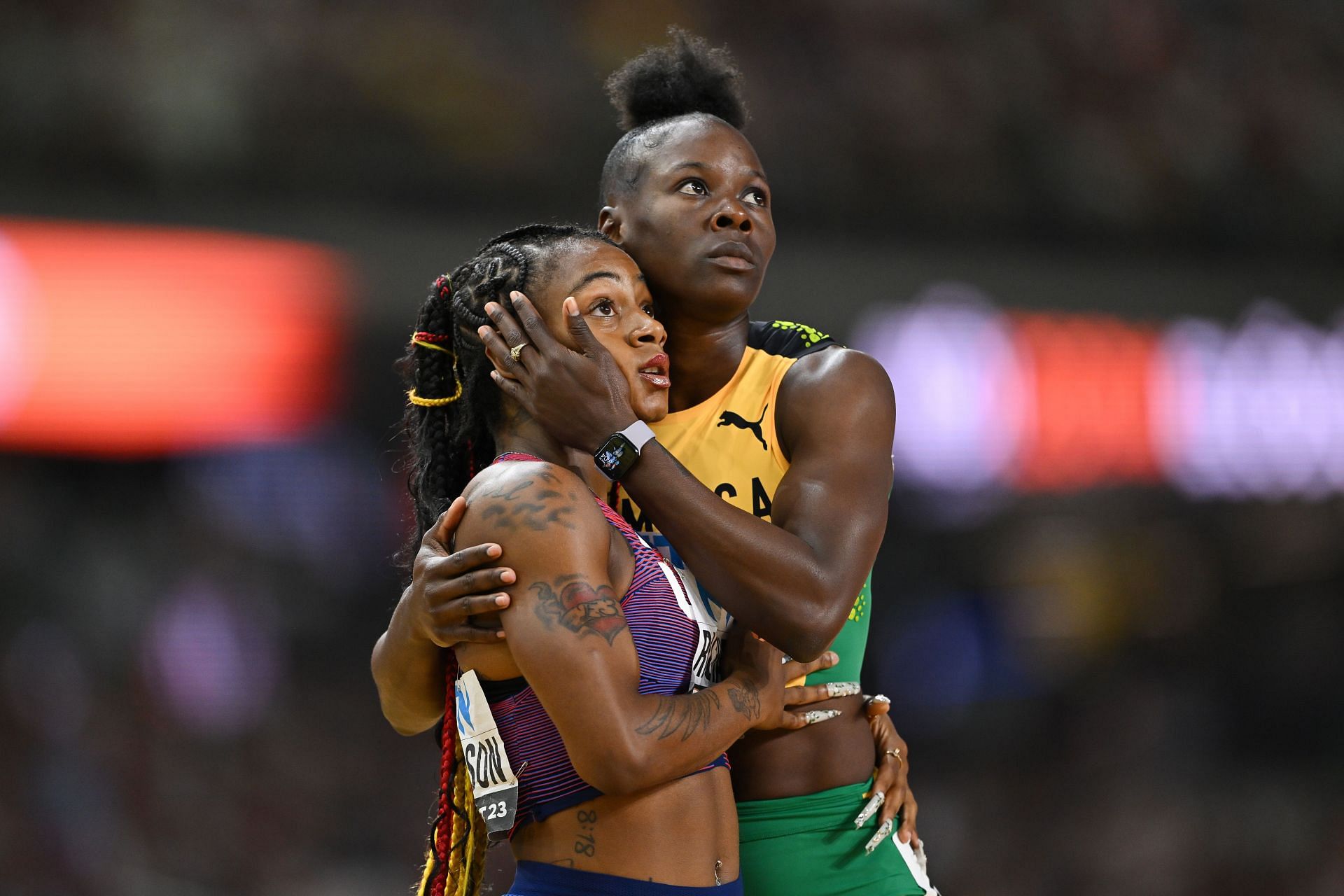 Sha&#039;Carri Richardson of Team United States and Shericka Jackson of Team Jamaica react after competing in the Women&#039;s 200m Semi-Final at the 2023 World Athletics Championships in Budapest, Hungary.