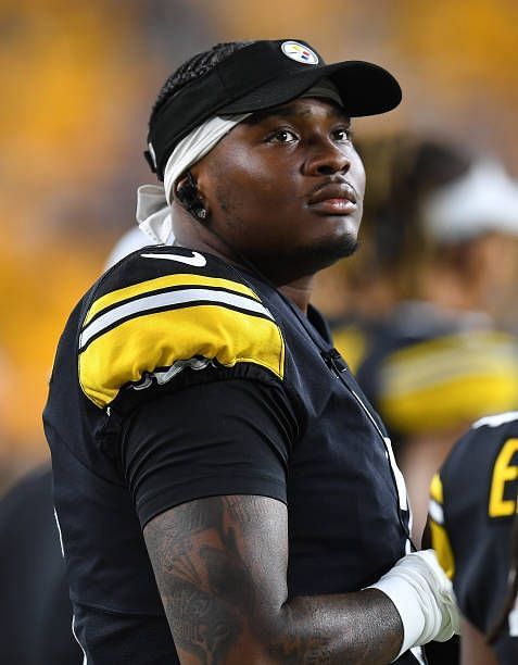 Dwayne Haskins of the Pittsburgh Steelers looks on during the game against the Detroit Lions at Heinz Field on August 21, 2021 in Pittsburgh,...