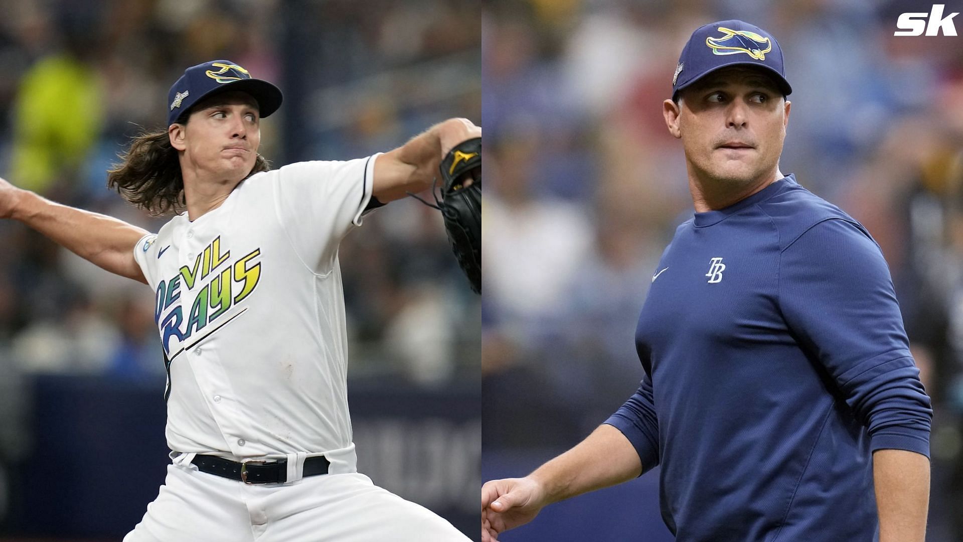 Manager Kevin Cash and pitcher Tyler Glasnow of the Tampa Bay Rays