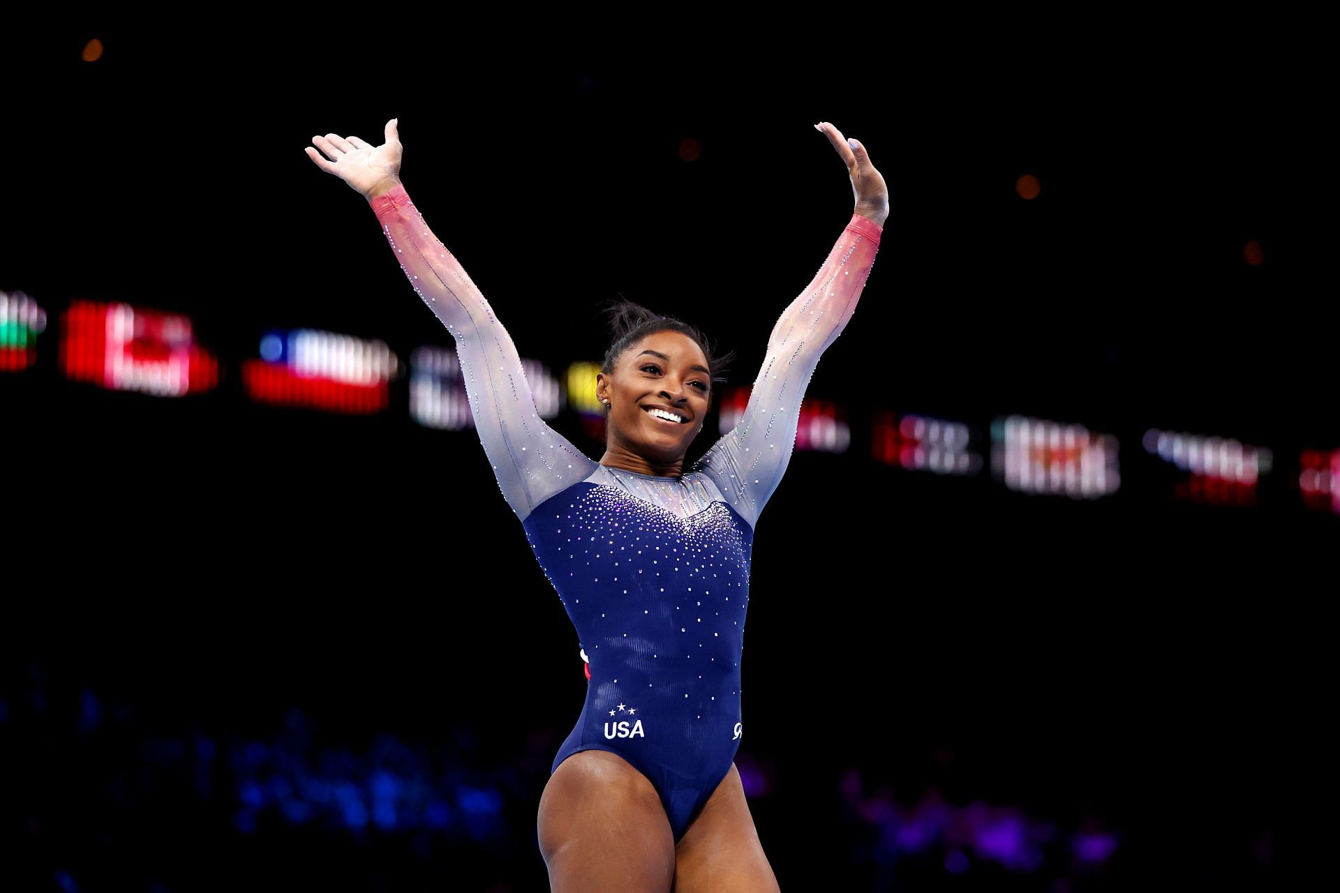 Simone Biles celebrates after her routine on Floor Exercise during the Women's Team Final at the 2023 World Artistic Gymnastics Championships in Antwerp, Belgium