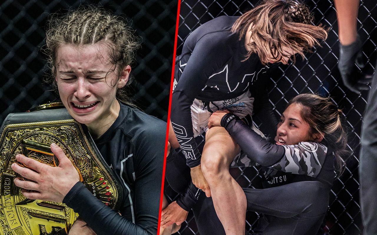 Danielle Kelly (Left) became a world champion at ONE Fight Night 14 (Right)