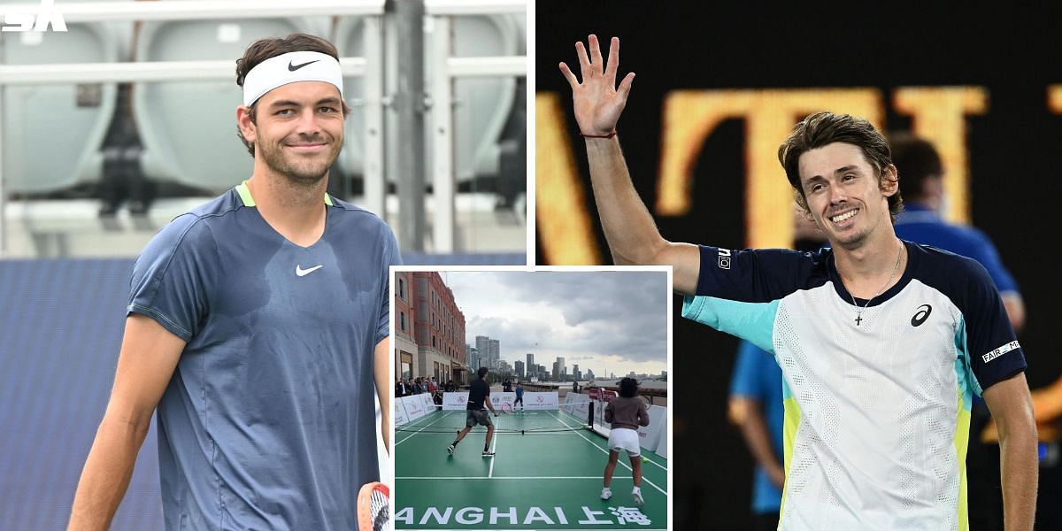 Taylor Fritz (L) and Alex de Minaur (R) play with fans in Shanghai (inset)