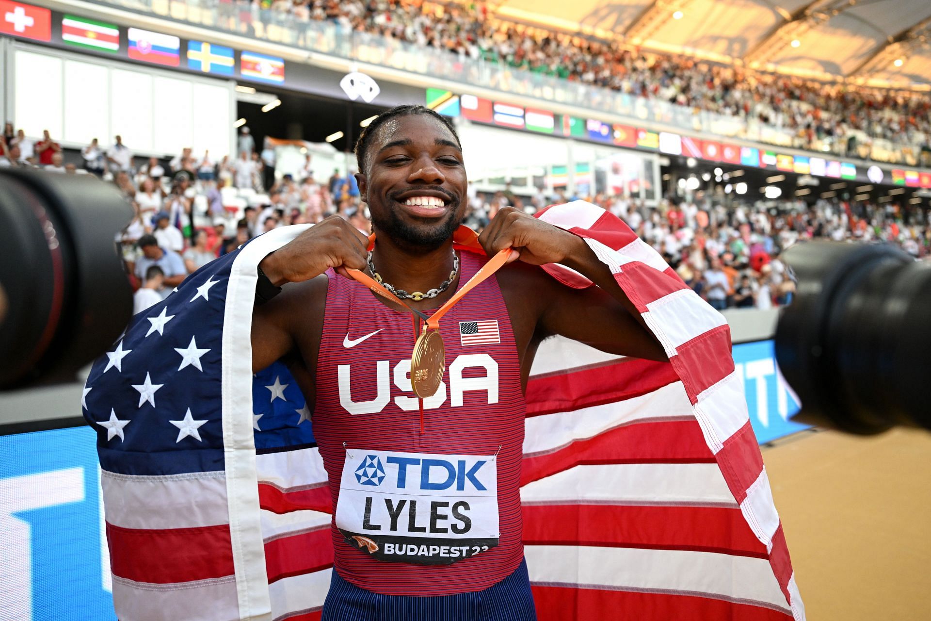 Noah Lyles reacts after winning the Men&#039;s 100m Final during the 2023 World Athletics Championships in Budapest, Hungary