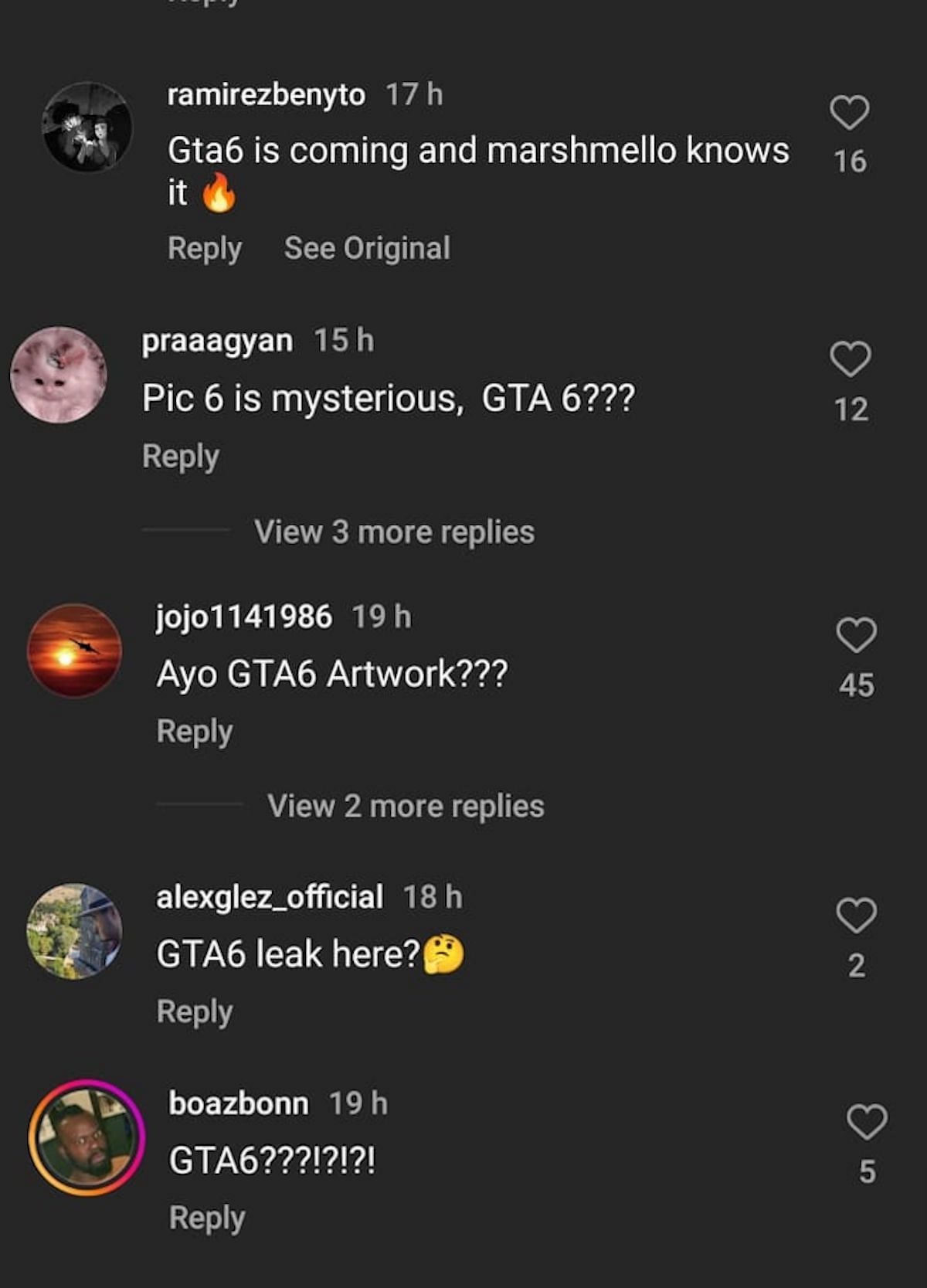 A series of comments responding to Marshmello&#039;s post (Image via Instagram)