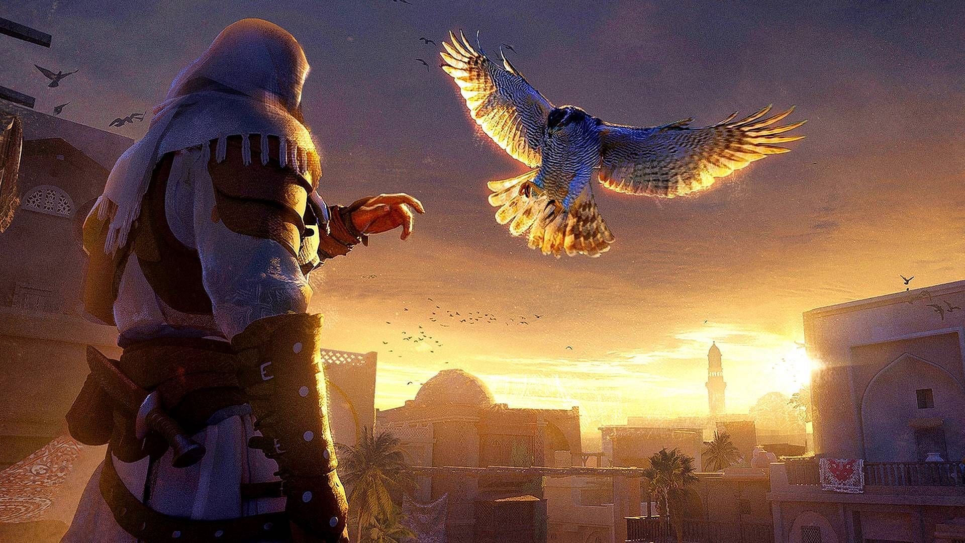 Enkidu, Basim&#039;s eagle, is named after a famed hero from the Mesopotamian civilization (Image via Ubisoft)