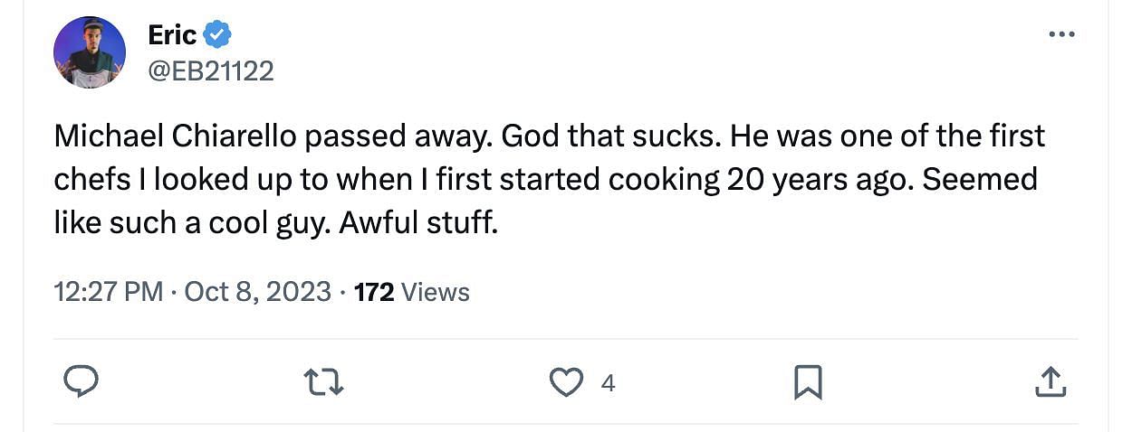 Social media users mourn the loss of celebrity chef Chiarello as he dies at the aged of 61. (Image via @EB21122/ Twitter)