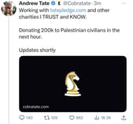 'Cobra' Tate pledged 200 thousand dollars