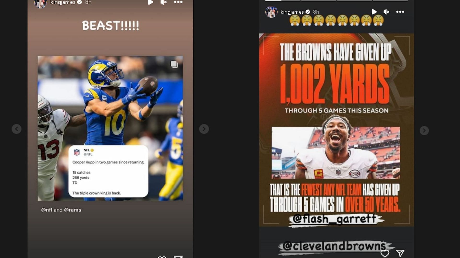 LeBron posted these stories, one about Cooper Kupp and the other about the Cleveland Browns defense