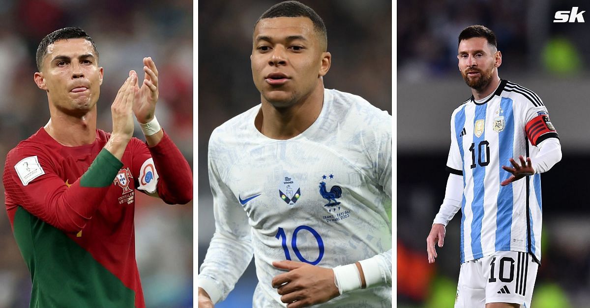 Cristiano Ronaldo, Kylian Mbappe and Lionel Messi (from left to right)