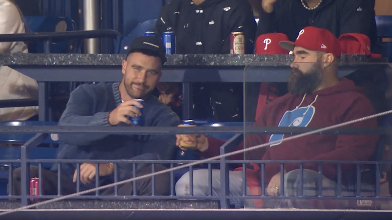 Brothers Jason and Travis Kelce attend the Phillies-Diamondbacks MLB playoff game. (Image credit: The Athletic on Twitter)