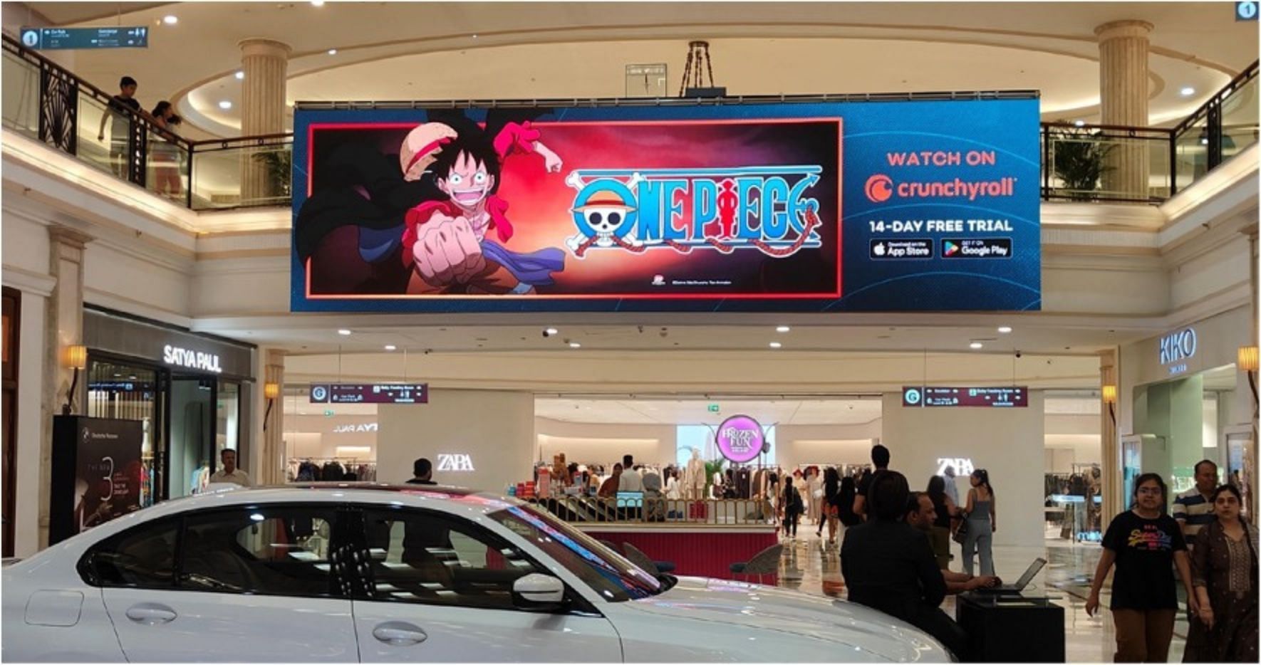 Billboard advertisements for Eiichiro Oda&#039;s anime in a shopping mall in India (Image via Crunchyroll)