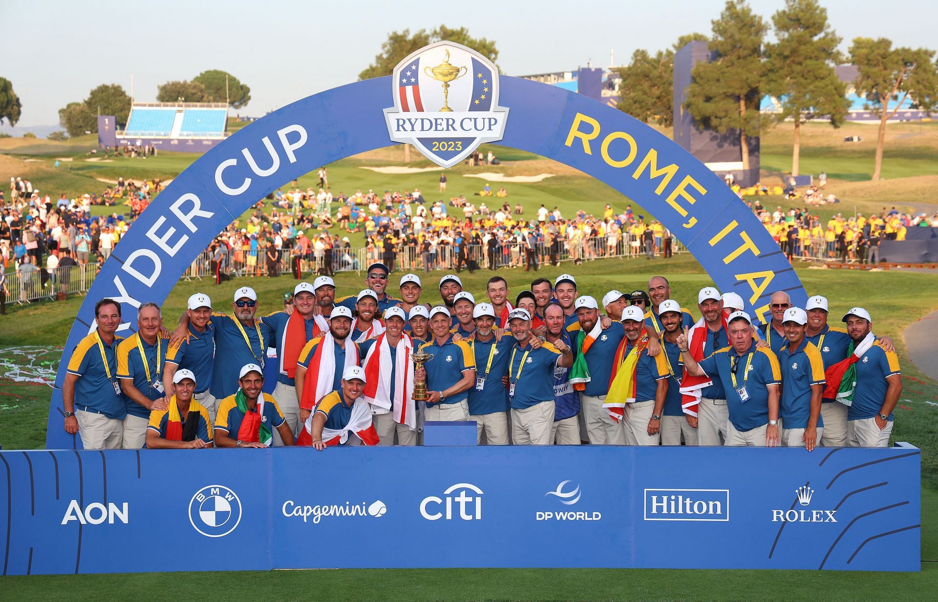 Luke Donald, Captain of Team Europe, lifts the Ryder Cup trophy following victory with 16 and a half to 11 and a half win during the 2023 Ryder Cup at Marco Simone (Image via Getty)