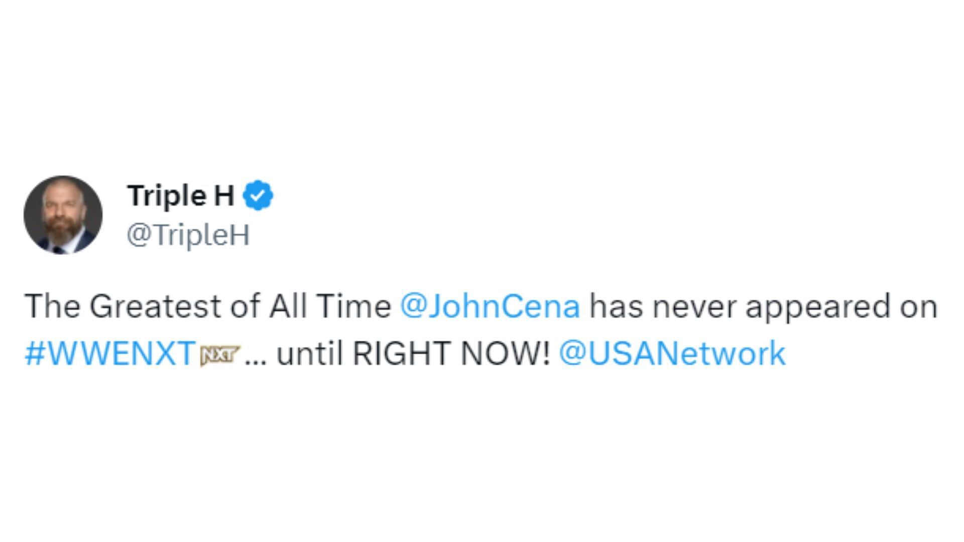 Triple H sends a message after John Cena makes his first-ever appearance on NXT
