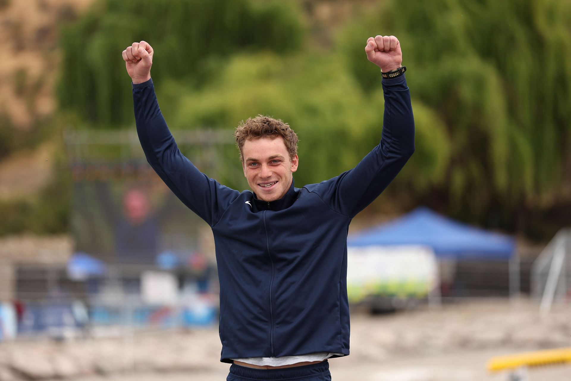 Gold medalist Joshua Joseph of Team United States poses on the podium for Canoe Slalom - Men&#039;s K1 at the 2023 Pan Am Games in Los Andes, Santiago, Chile