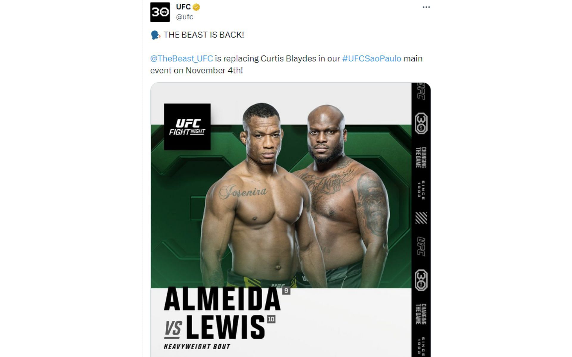 Tweet announcing new main event between Jailton Almeida and Derrick Lewis