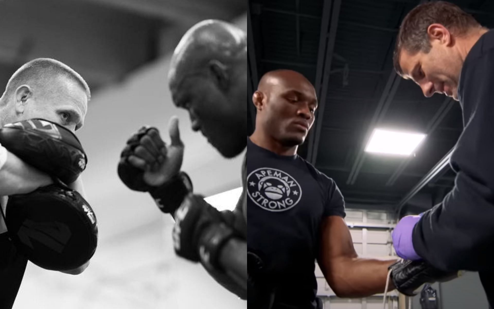 Trevor Wittman and Kamaru Usman (Left); Usman and Henri Hooft (Right) [*Image courtesy: @onxlabs Instagram; UFC YouTube channel]