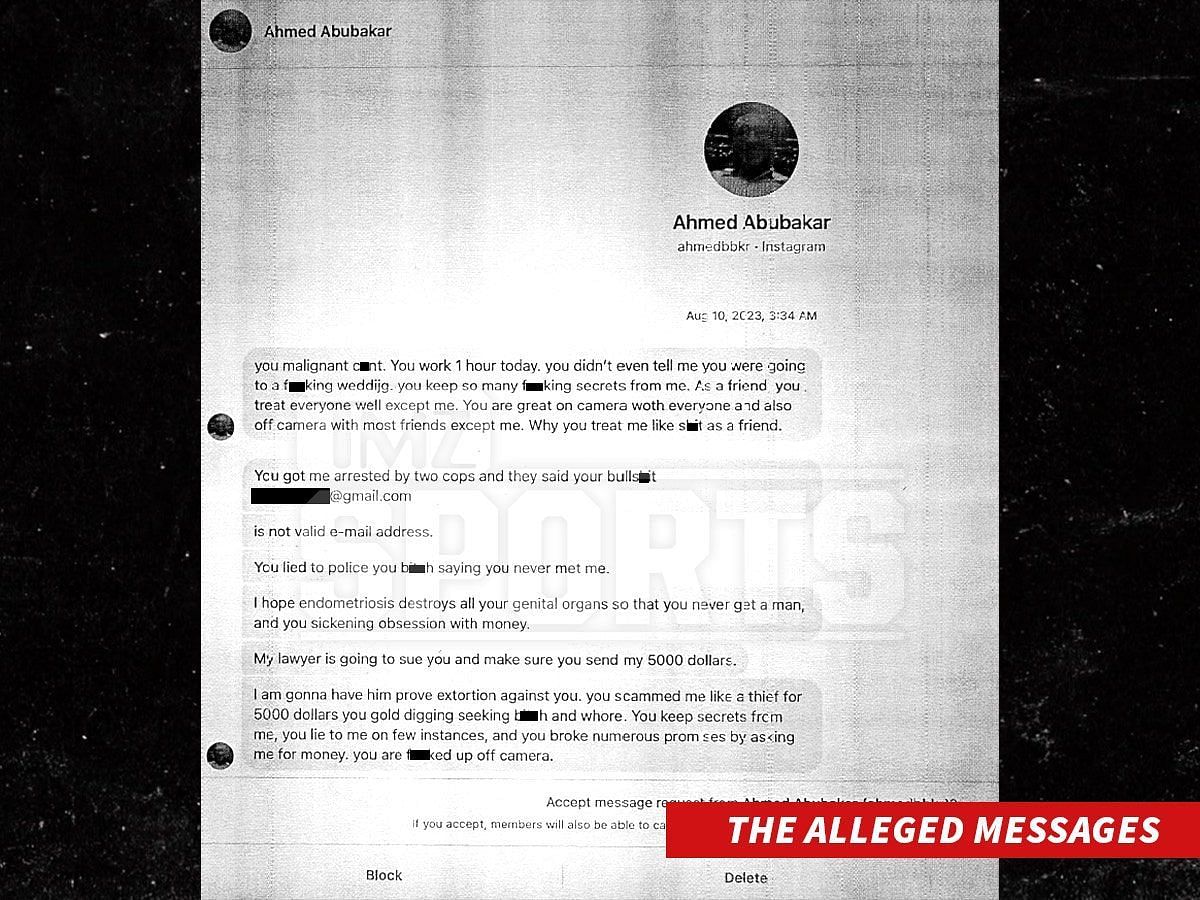 Ahmed Abubakar&#039;s alleged messages to Malika Andrews. (Photo: TMZ)