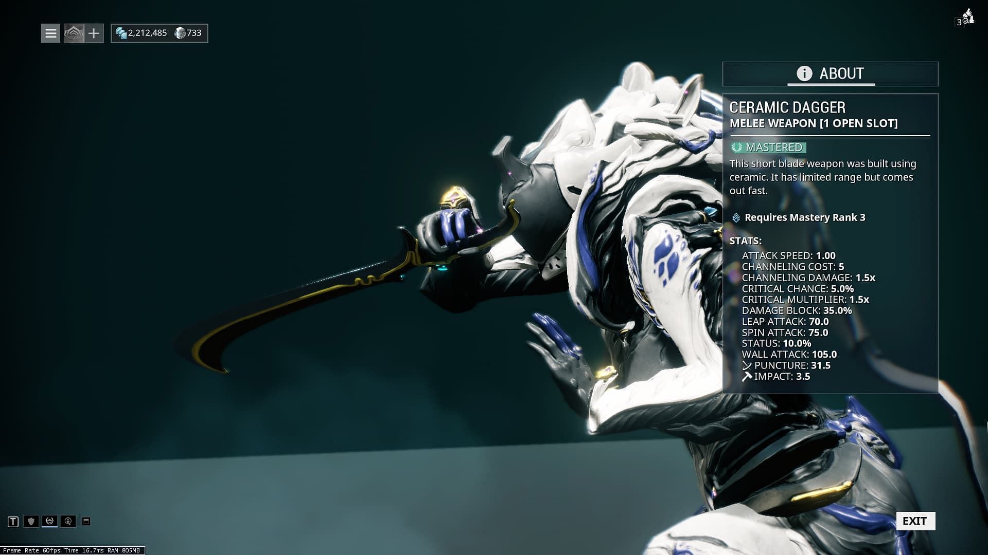 Saryn equipped with a Ceramic dagger, holding it in a reverse grip