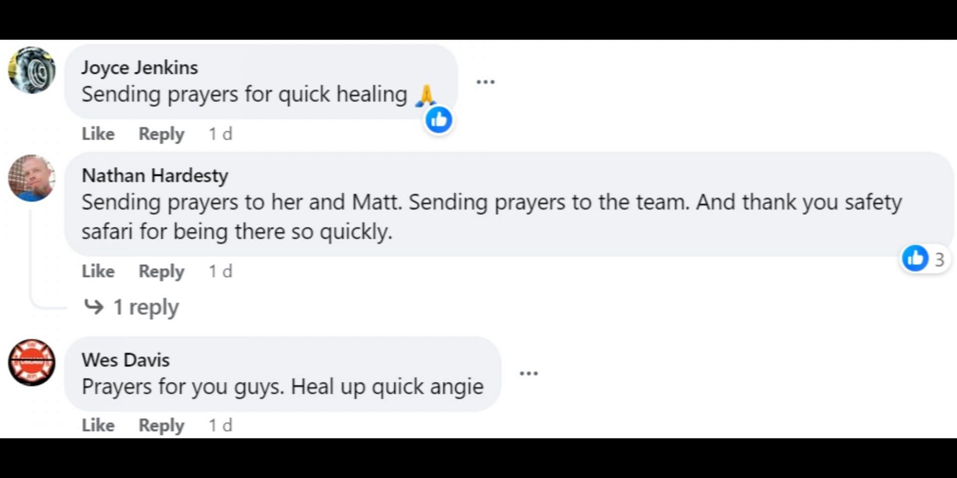 Fans send their prayers for Angie and wish for her speedy recovery. (Image via Facebook/@angiesmithracing)