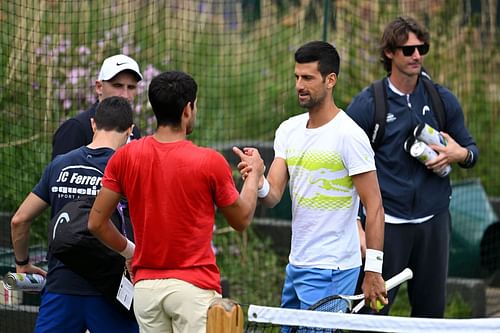 Carlos Alcaraz and Novak Djokovic at the 2023 Wimbledon Championships