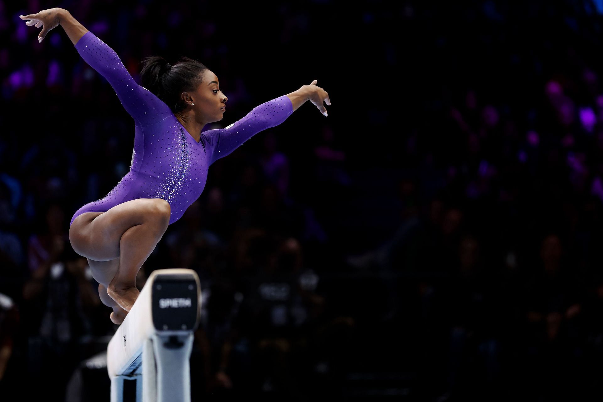 Simone Biles performs her Beam routine during the Women's Beam final during the 2023 World Artistic Gymnastics Championships in Antwerp, BelgiumDay Nine - 2023 Artistic Gymnastics World Championships