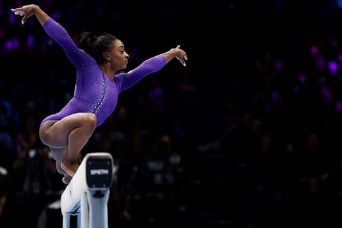 Simone Biles performs her Beam routine during the Women's Beam final during the 2023 World Artistic Gymnastics Championships in Antwerp, BelgiumDay Nine - 2023 Artistic Gymnastics World Championships