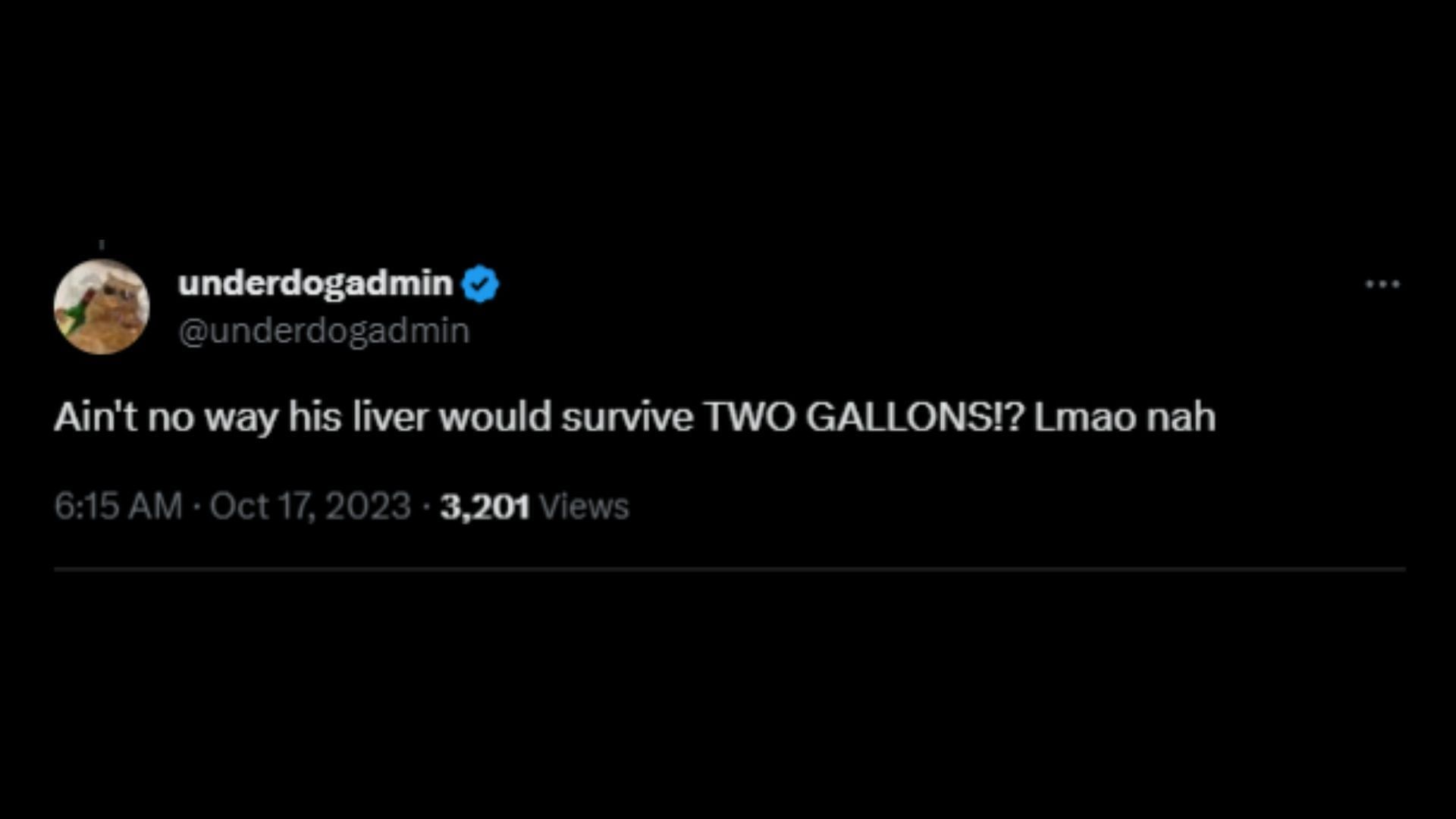 Screenshot of an X user remarking on Lee&#039;s confession of consuming two gallons of vodka in his younger years. (Photo via @DailyLoud/X)