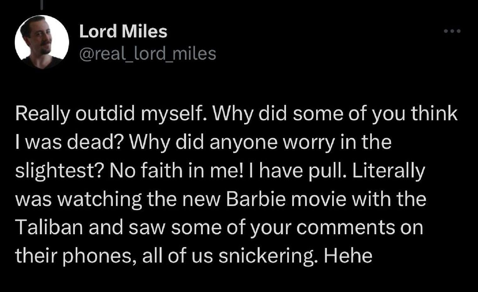 Miles reveals watching the Barbie movie with the Taliban (Image via X)