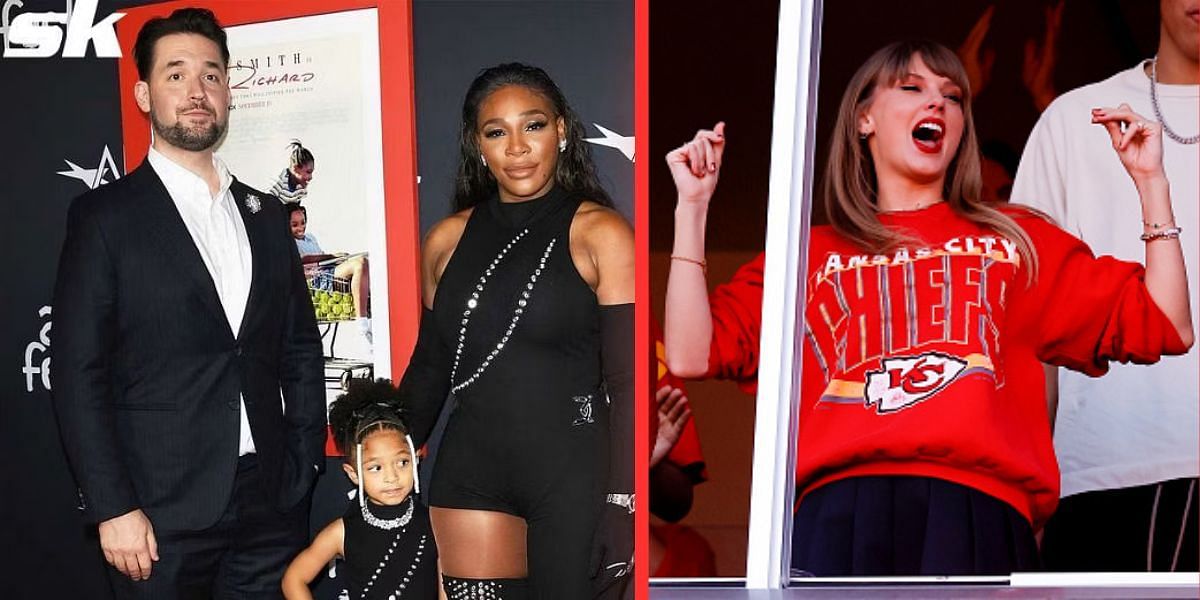 Serena Williams, Alexis Ohanian and their daughter Olympia Ohanian (L) and Taylor Swift (R)