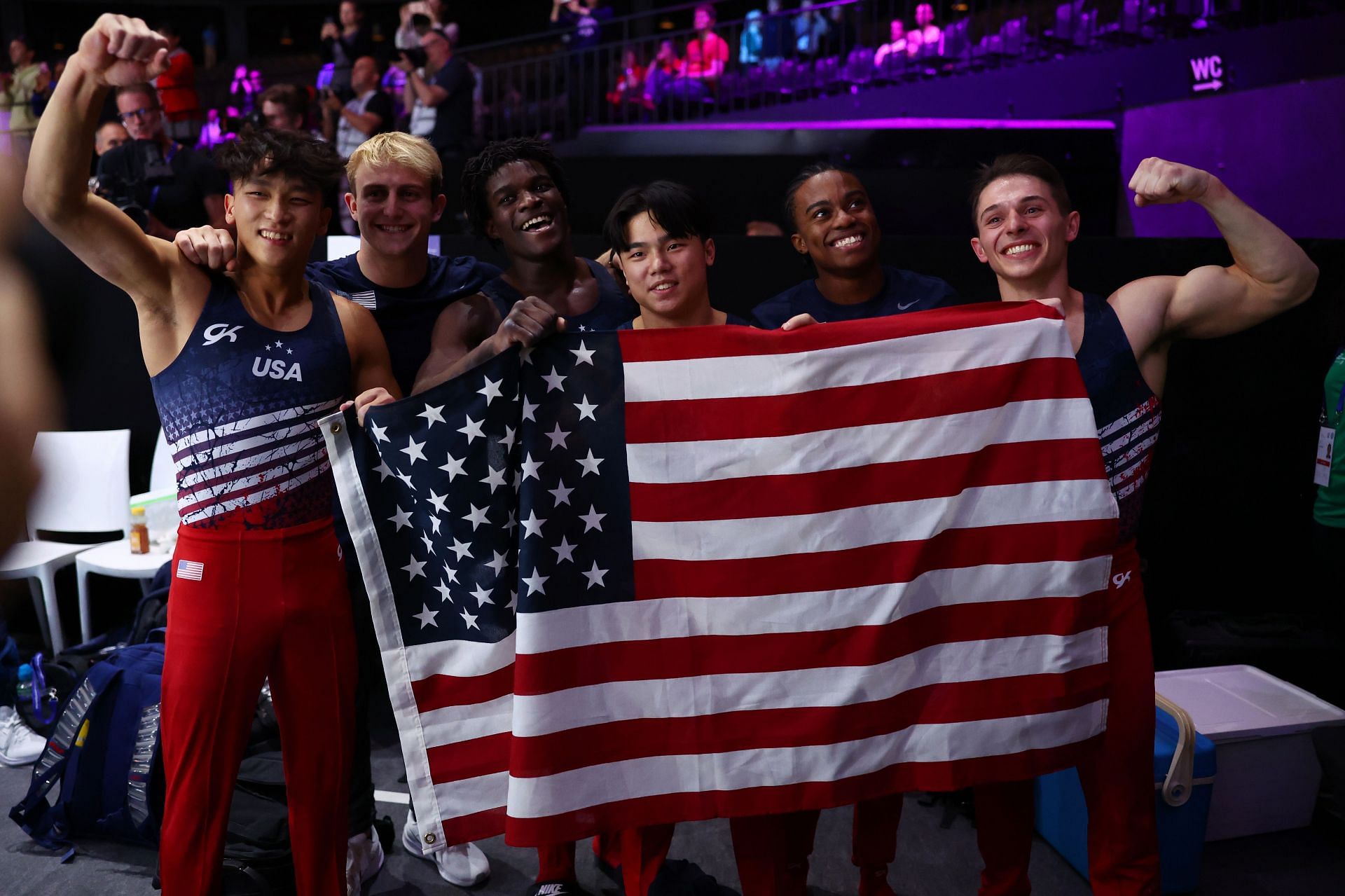 Team USA celebrate their bronze medal at the 2023 Artistic Gymnastics World Championships in Antwerp, Belgium.