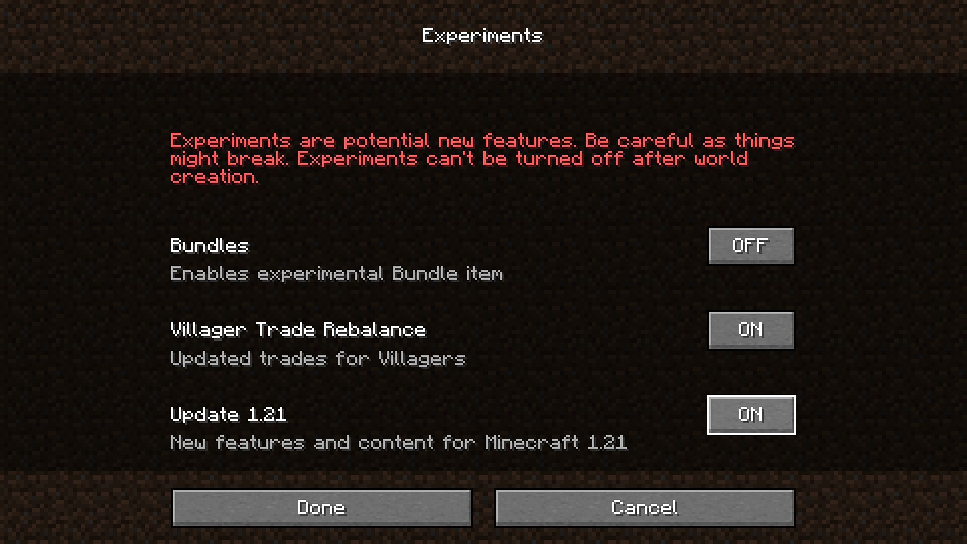 Activez les fonctionnalités expérimentales 1.21 dans l'édition Java.  (Image via Mojang)