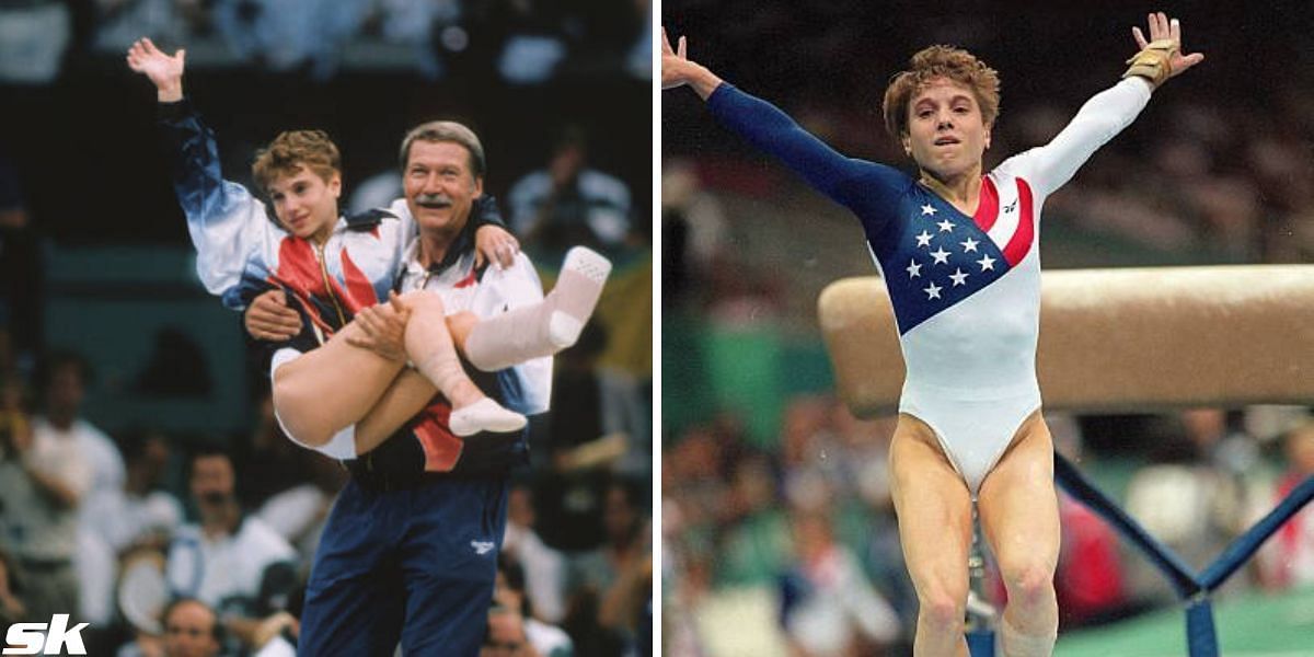 Bela Karolyi carries Kerri Strug to the podium during the 1996 Atlanta Olympics after she suffered an ankle injury