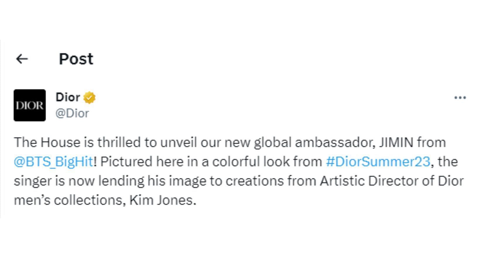 Dior&#039;s official announcement of the BTS idol being the face of their brand (Image via Twitter/@Dior)