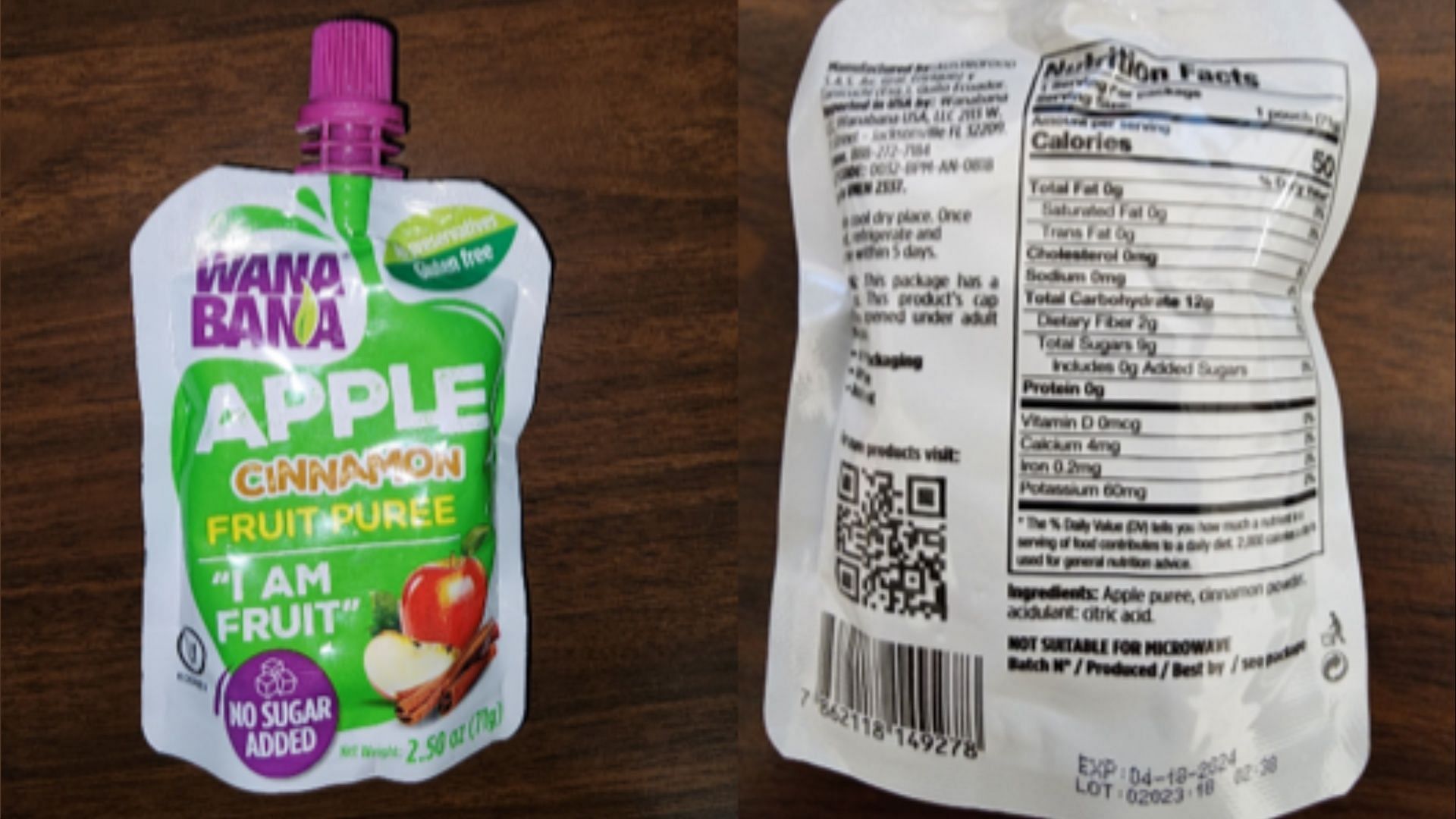 The affected WanaBana Apple Cinnamon Fruit Puree Pouches are also being recalled from across the country (Image via FDA)