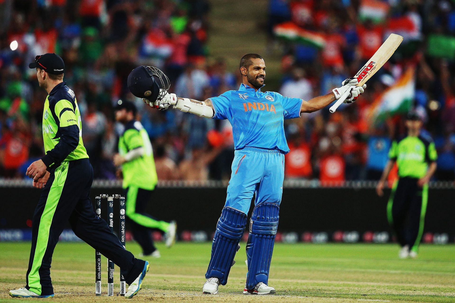 Shikhar Dhawan acknowledging his ton in the India v Ireland - 2015 ICC Cricket World Cup Match [Getty]