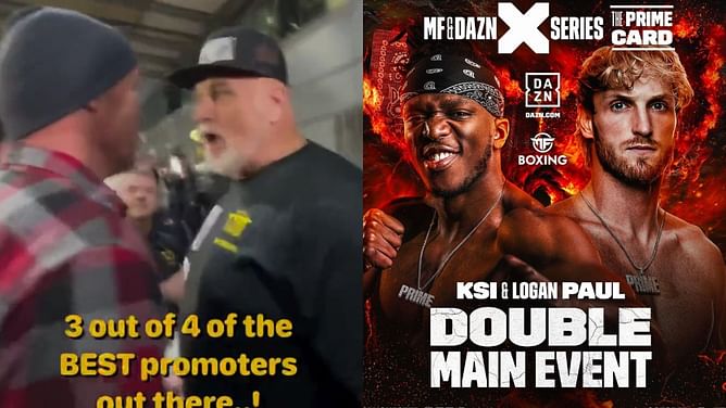 "You think you can beat me?" - Footage shows Logan Paul and Tommy Fury's fathers pushing each other during KSI vs. Fury media event