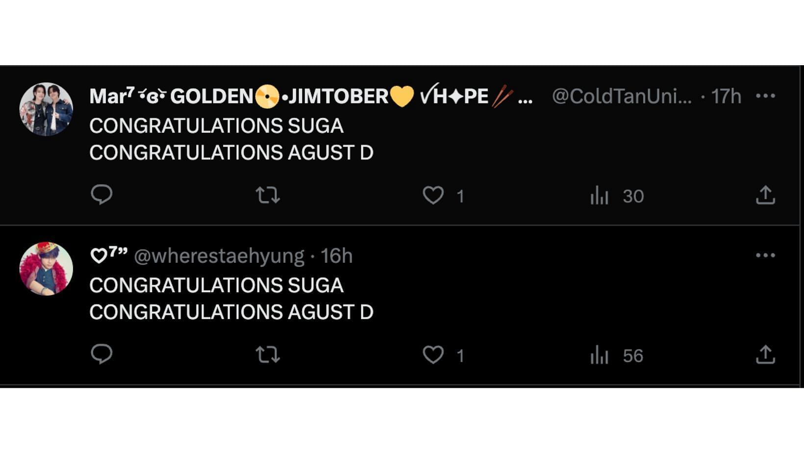 @wherestaehyung and @ColdTanUnivers congratulating Min Yoongi by commenting on the post of @btschartstudio