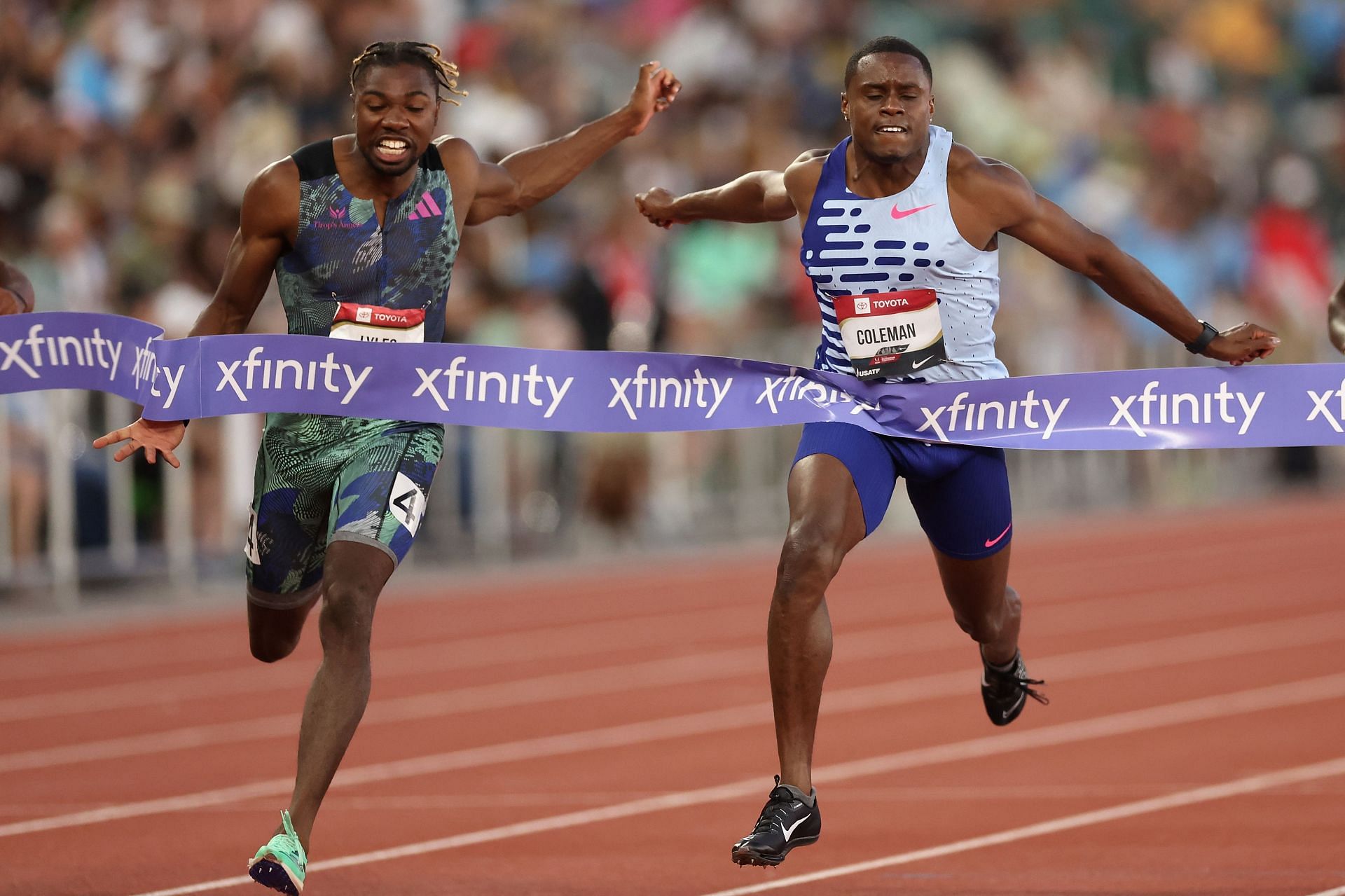 Noah Lyles and Christian Coleman in the Men&#039;s 100m Final during the 2023 USATF Outdoor Championships at Hayward Field in Eugene, Oregon.