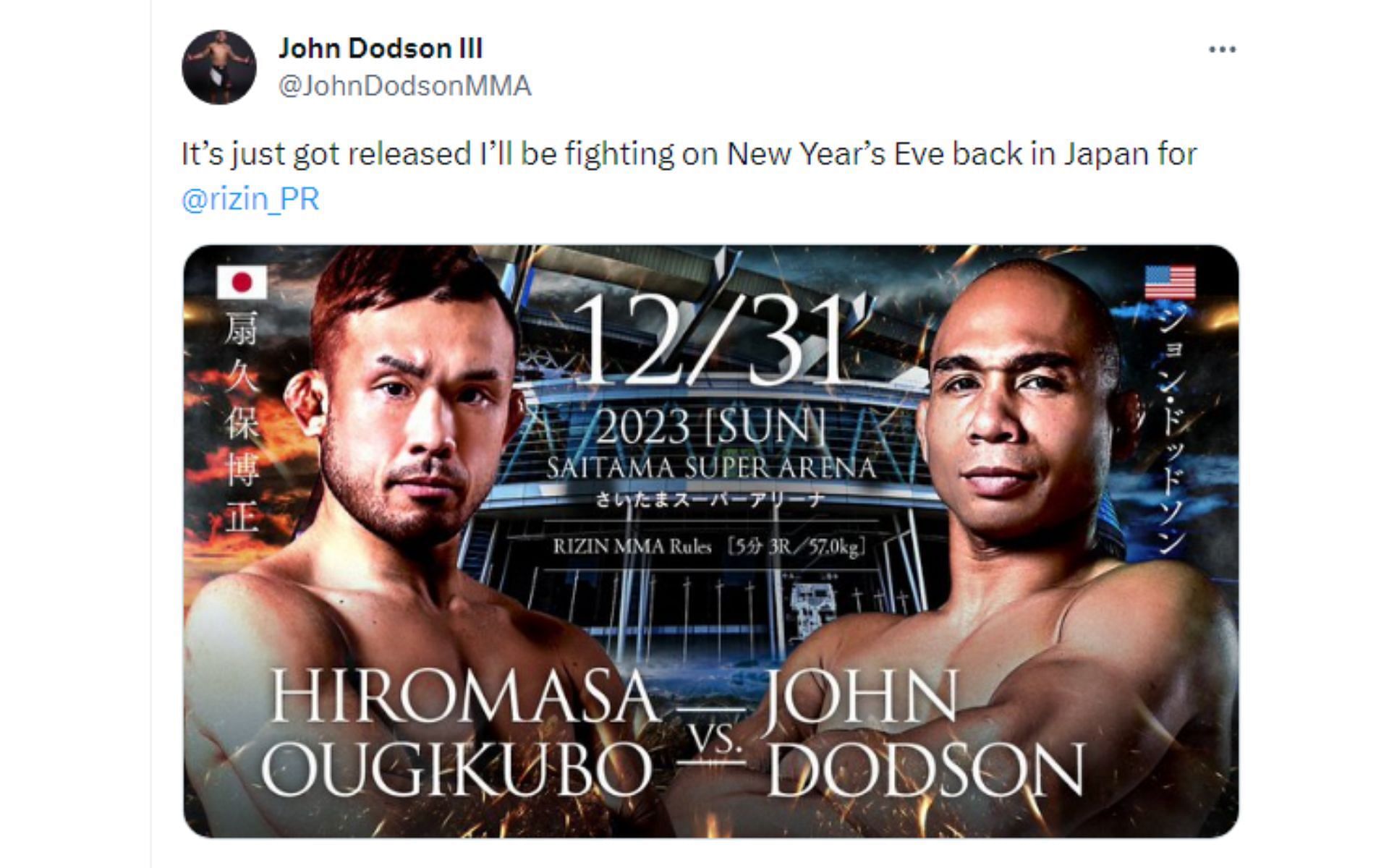 John Dodson&#039;s tweet regarding his next bout