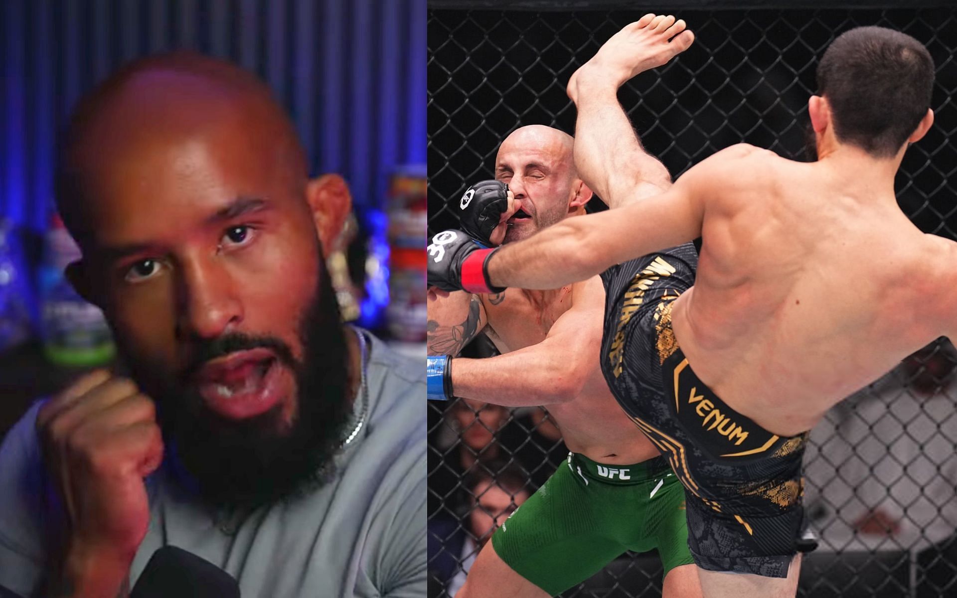 Demetrious Johnson (left) and Islam Makhachev headkick KO over Alexander Volkanovski at UFC 294 (right) [Images Courtesy: @mightygaming on YouTube and @GettyImages] 