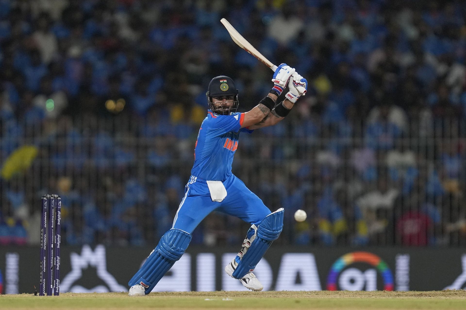 Virat Kohli plays a shot during the 2023 ICC Cricket World Cup match between India and Australia in Chennai, India.