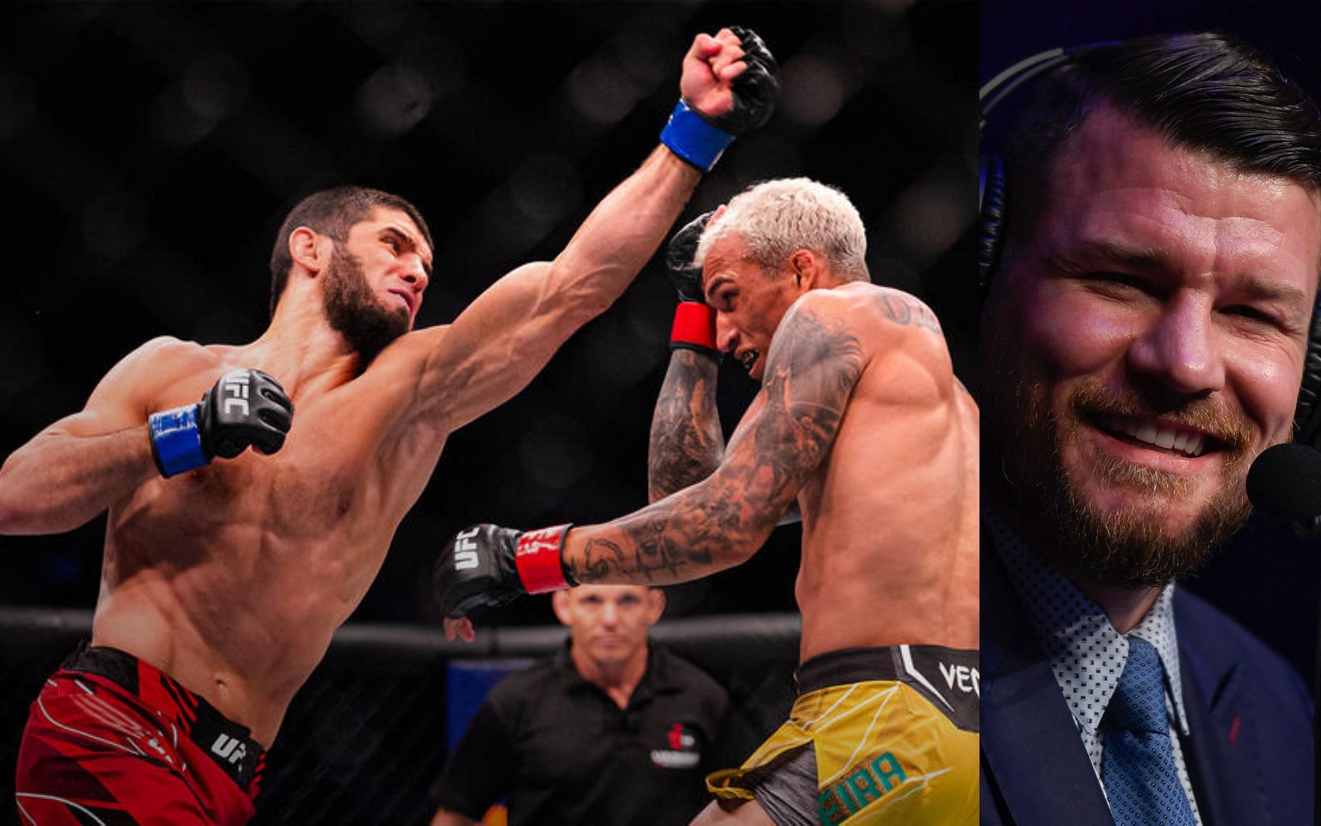 Charles Oliveira vs Islam Makhachev (left) and Michael Bisping (right). [via UFC and Getty Images]