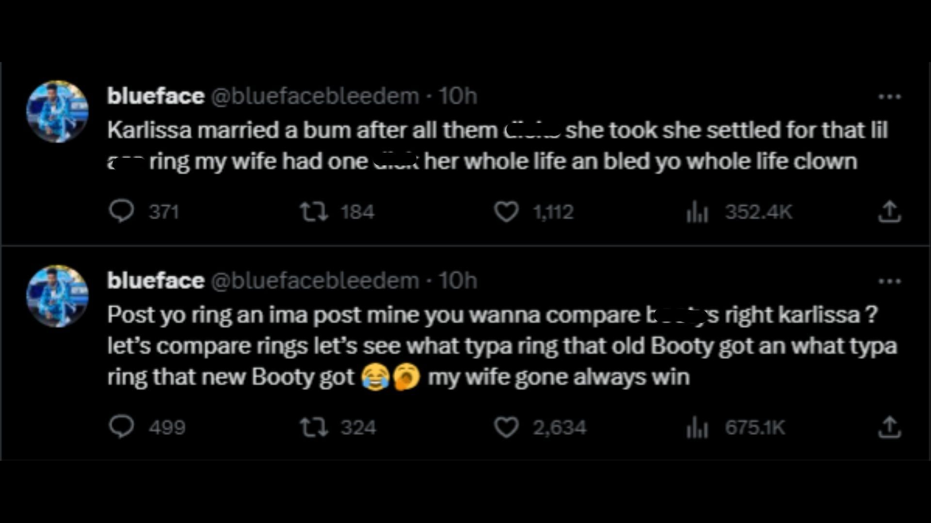 Screenshot of Blueface&#039;s X post slamming his mother Karlissa and comparing her to Jaidyn Alexis.